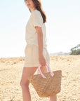 Rosie Woven Straw Ribbon-Handle Tote
