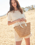 Rosie Woven Straw Ribbon-Handle Tote